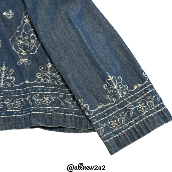 Erika Boho Zippered Embroidered Jean Jacket Silver Threading W / Turquoise Sz XL - Picture 15 of 16